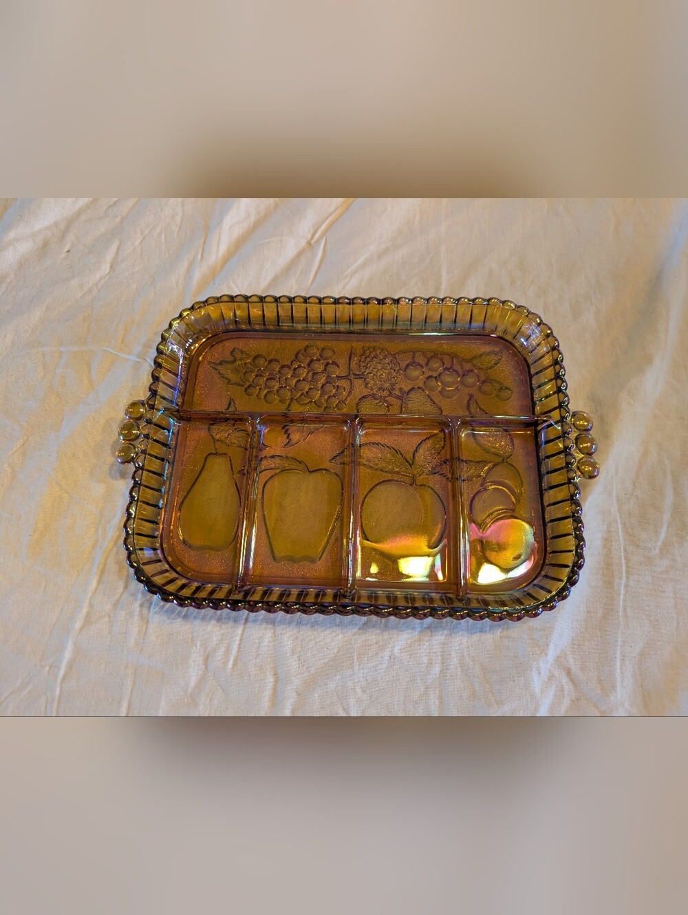 2/40$ Indiana Glass Iridescent Amber Carnival Glass Divided Serving Tray